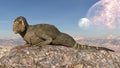 T-Rex Dinosaur, Tyrannosaurus Rex reptile sitting on cliff, prehistoric Jurassic animal in deserted nature environment, 3D Royalty Free Stock Photo