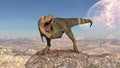 T-Rex Dinosaur, Tyrannosaurus Rex reptile walking on rock, prehistoric Jurassic animal in deserted nature environment, 3D