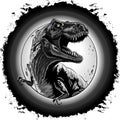 T-Rex Jurassic Dinosaur growling on Surreal Moon Black and White Grunge Frame Vector Illustration isolated on White Royalty Free Stock Photo