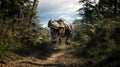 T-Rex Roaring with sharp teeth and running fast on a Pathway in the middle of a Forest with trees and ferns with a blue sky Royalty Free Stock Photo