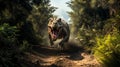 T-Rex Roaring with sharp teeth and running fast straight to the camera on a Pathway in the middle of a Forest with trees and ferns Royalty Free Stock Photo