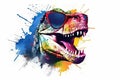 T-rex in sunglasses realistic with paint splatter abstract Generative AI