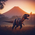 T-rex or tyranosaur rex reptile in swampy meadow in prehistoric time, generative ai
