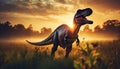 T-rex or tyranosaur rex reptile in swampy meadow in prehistoric time