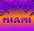 T shirt and apparel print with Miami sunset and palm trees for fashion design, typography, beach night party poster