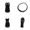 T-shirt, beads, summer women`s sarafan on straps with a belt, a home gown. Women`s clothing set collection icons in