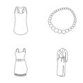 T-shirt, beads, summer women`s sarafan on straps with a belt, a home gown. Women`s clothing set collection icons in