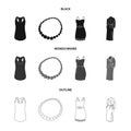 T-shirt, beads, summer women sarafan on straps with a belt, a home gown. Women clothing set collection icons in black