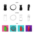 T-shirt, beads, summer women sarafan on straps with a belt, a home gown. Women clothing set collection icons in black