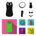 T shirt, beads, summer women sarafan on straps with a belt, a home gown. Women clothing set collection icons in black