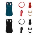 T-shirt, beads, summer women sarafan on straps with a belt, a home gown. Women clothing set collection icons in cartoon