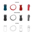 T-shirt, beads, summer women sarafan on straps with a belt, a home gown. Women clothing set collection icons in cartoon