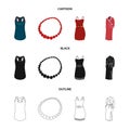 T-shirt, beads, summer women sarafan on straps with a belt, a home gown. Women clothing set collection icons in cartoon