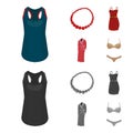 T-shirt, beads, summer women sarafan on straps with a belt, a home gown. Women clothing set collection icons in cartoon