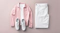 T-shirt, blue jeans, white leather sneakers, fashionable pink blazer jacket isolated on gray background. Clean Branding clothes.