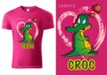 Pink Child T-shirt Design with Green Cartoon Croc