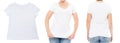T-shirt close up design, people concept - closeup of young woman in blank white shirt, front isolated. T shirt Mock up template Royalty Free Stock Photo