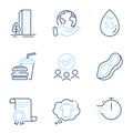 T-shirt, Cooking timer and Peanut icons set. Ph neutral, Hamburger and Buildings signs. Vector