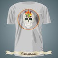 T-shirt design with abstract skull with flower in circle frame