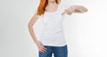 T-shirt design and advertising concept. Style and fashion. Indoor shot of cheerful smiling youngred head woman with red hair Royalty Free Stock Photo