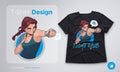 T-shirt design with angry boxing girl with boxing bandages. Anime style illustration Royalty Free Stock Photo