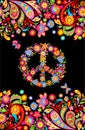 T shirt design on black background with colorful floral seamless border and hippie peace flowers symbol