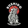 tshirt design bushido with samurai holding katana with black background vintage illustration