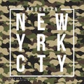 T-shirt design with camouflage texture. New York City typography with slogan for shirt print. T-shirt graphic in street military s Royalty Free Stock Photo