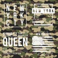 T-shirt design with camouflage texture. New York City typography with slogan for shirt print. Set of t-shirt graphic Royalty Free Stock Photo