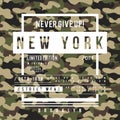 T-shirt design with camouflage texture. New York City typography with slogan for shirt print. T-shirt graphic Royalty Free Stock Photo