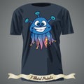 T-shirt design with Cartoon of fantasy cute smiling creature wit