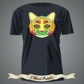 T-shirt design with Colorful Head of Abstract Cat in linear graphic design Royalty Free Stock Photo