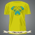 T-shirt design with Colorful head of Pug in linear graphic design