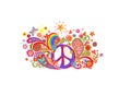 T-shirt design with colorful print with hippie peace symbol, abstract flowers, mushrooms, paisley and rainbow on white background