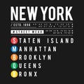 T-shirt design in the concept of New York City subway. Cool typography with boroughs of New York for shirt print. T-shirt graphic