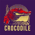 t shirt design crocodile with Side view of crocodile with sharp teeth and eyes stalking its prey vintage