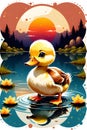 T-shirt design of a cute baby duckling on a lotus pond with vintage retro sunset, animal, stickers, cartoon, white background