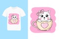 t-shirt design cute cat in cup with pink heart, child fashion print Royalty Free Stock Photo