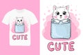 t-shirt design cute cat in pocket with pink text Cute, child fashion print