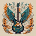 T-shirt design, an electric guitar in the middle, angel wings around it, colorful, pop art, vibrant, fashion, typography