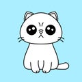 White grumpy cat with outline. Cute cartoon kitten character.