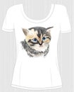 T-shirt design with face of three-colored cute kitten.