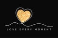 T-shirt design with glitter heart. Slogan love every moment, typography graphics for tee shirt with glittering shine texture