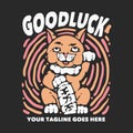 Tshirt design goodluck with lucky cat and gray background vintage illustration