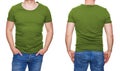 Man in blank olive green tshirt front and rear isolated on white