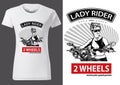 T-shirt Design with Motorcyclist Woman and Inscriptions