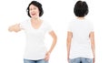 T-shirt design and people concept - close up of beautiful brunette woman in blank white t-shirt, shirt front and rear isolated. Royalty Free Stock Photo