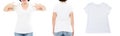 T shirt design and people concept - close up of middle age woman in blank white t-shirt, tshirt front and rear isolated. Mock up. Royalty Free Stock Photo