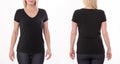 T-shirt design and people concept - close up of woman in blank black t-shirt, shirt front and rear isolated. Mock up.