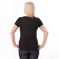 T-shirt design and people concept - close up of woman in blank black t-shirt, shirt rear isolated. Mock up.